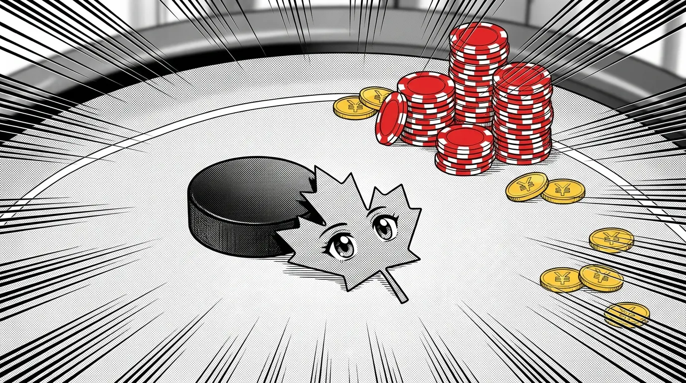 Hockey puck and maple leaf on casino felt with poker chips