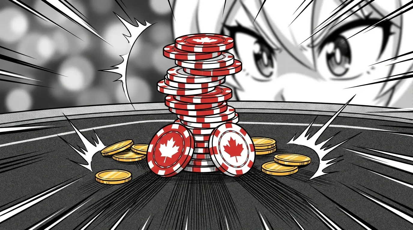 Casino chips in Canadian colors with coins on felt table