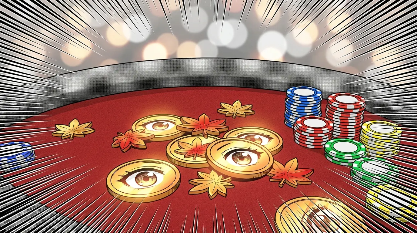 Poker chips and maple leaf coins on casino table with warm lighting