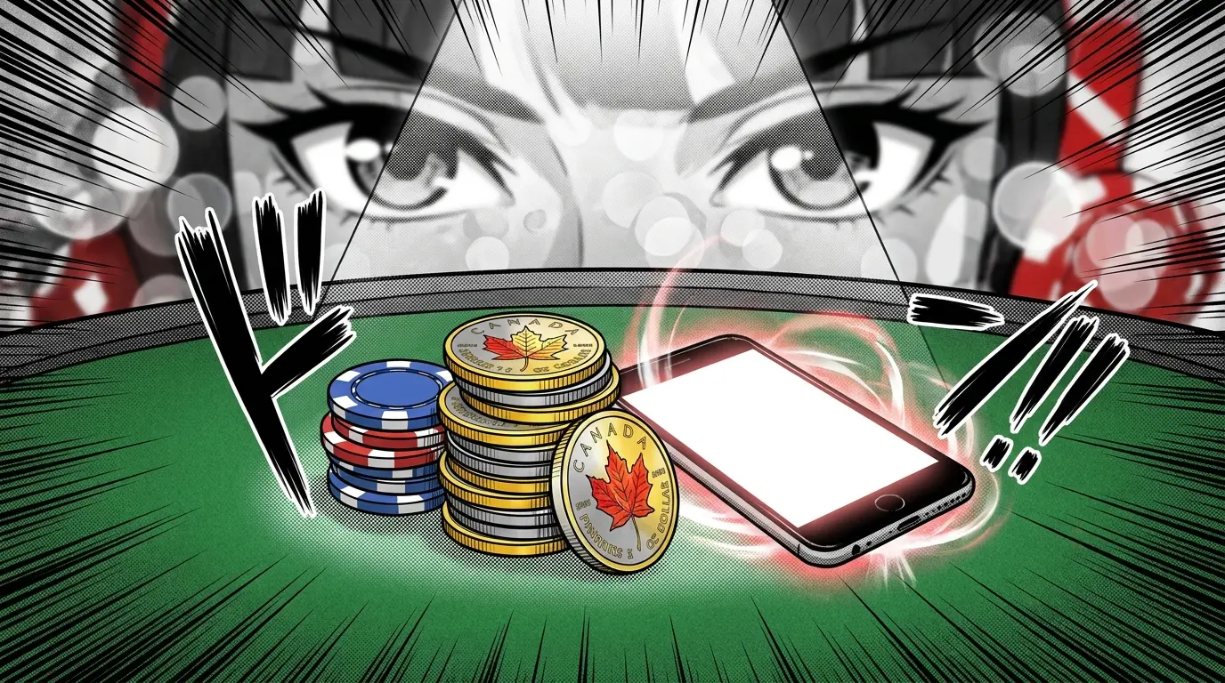 Canadian coins and casino chips on green felt table with smartphone