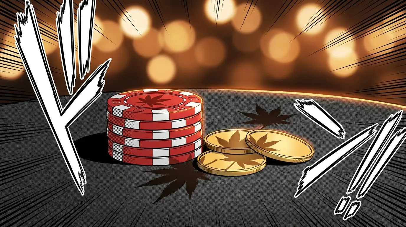 Casino chips and coins with maple leaf shadows