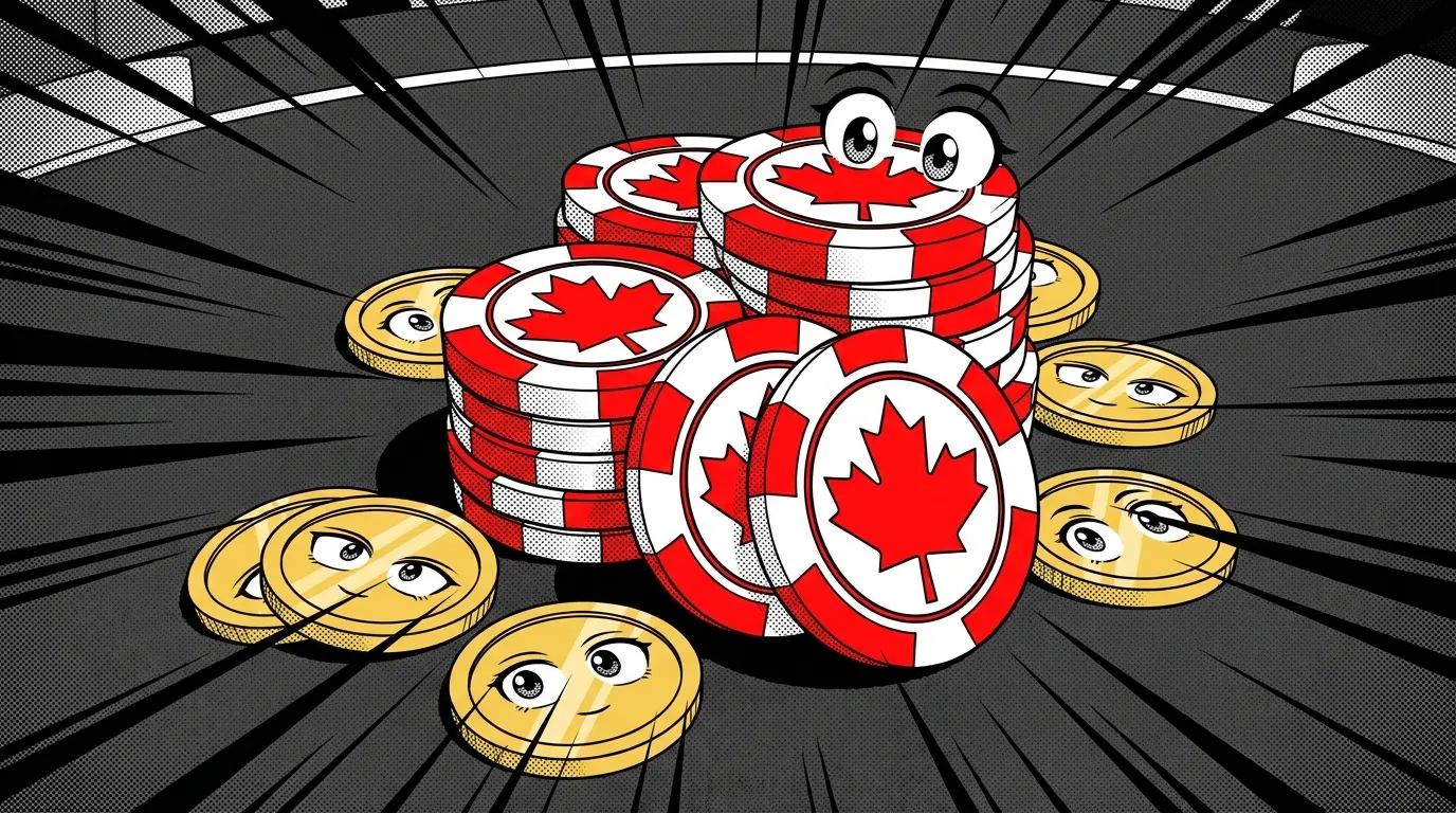 Maple leaf poker chips and gold coins on casino table