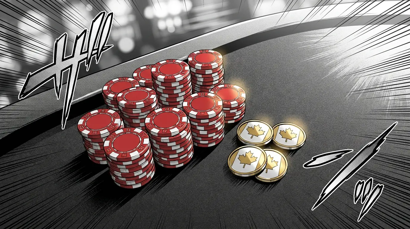 Poker chips and maple leaf coins on casino felt table