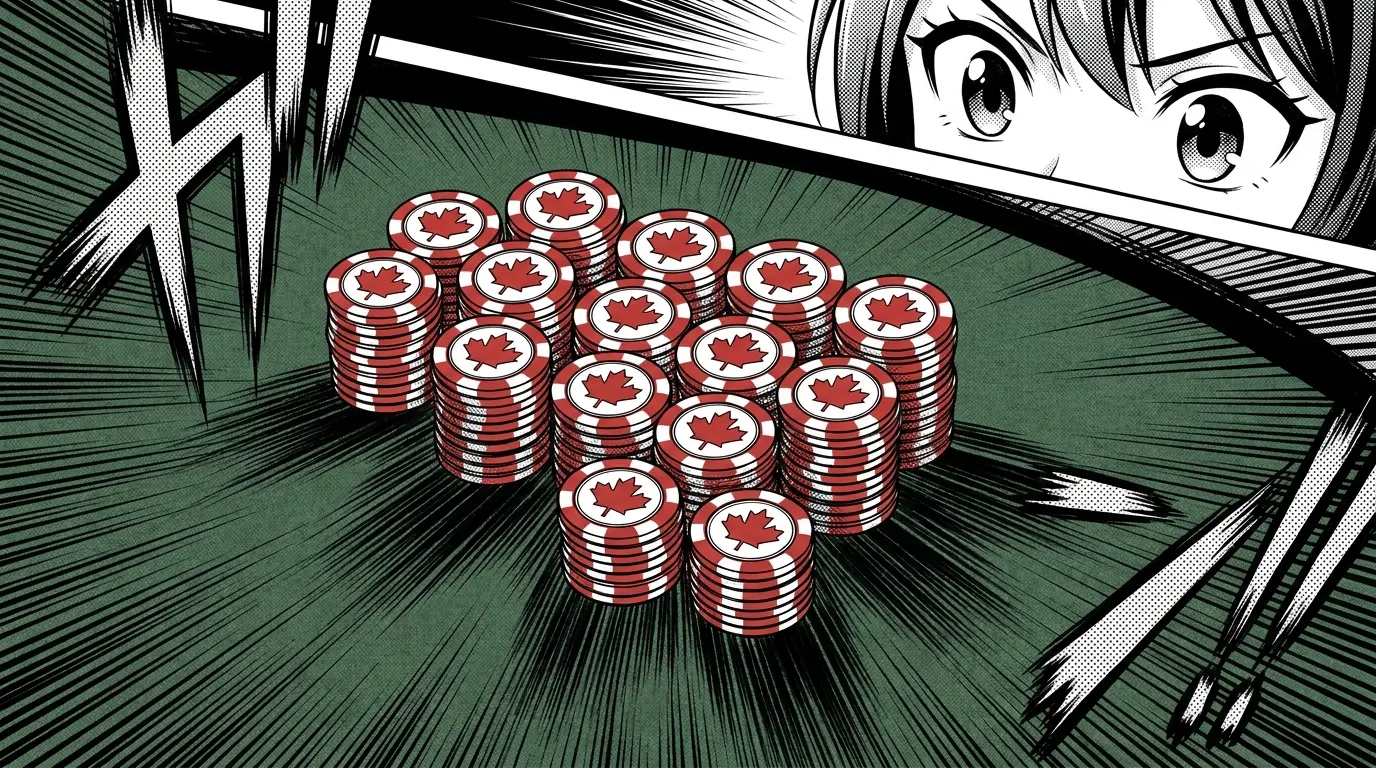 Casino chips with maple leaf design stacked on green felt table