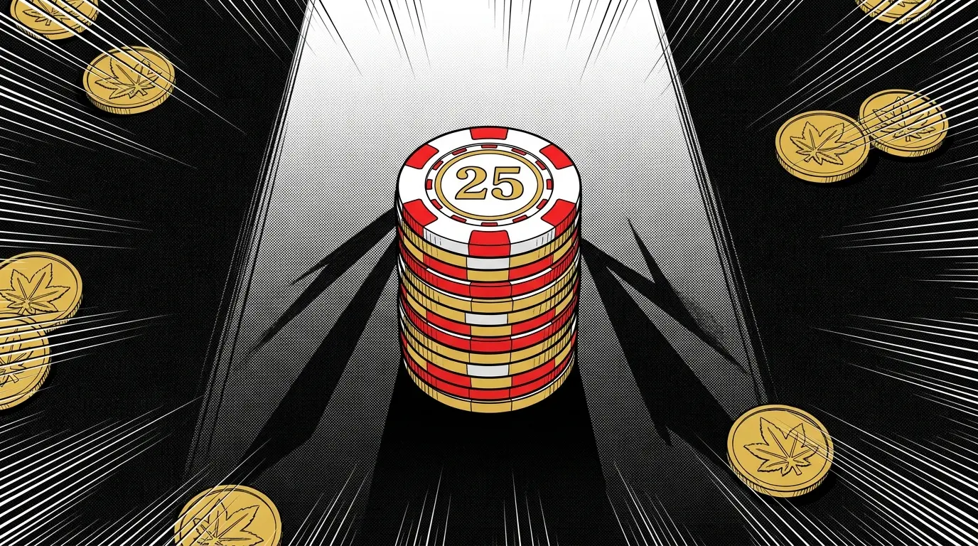 Stack of casino chips with $25 chip on black felt with maple coins