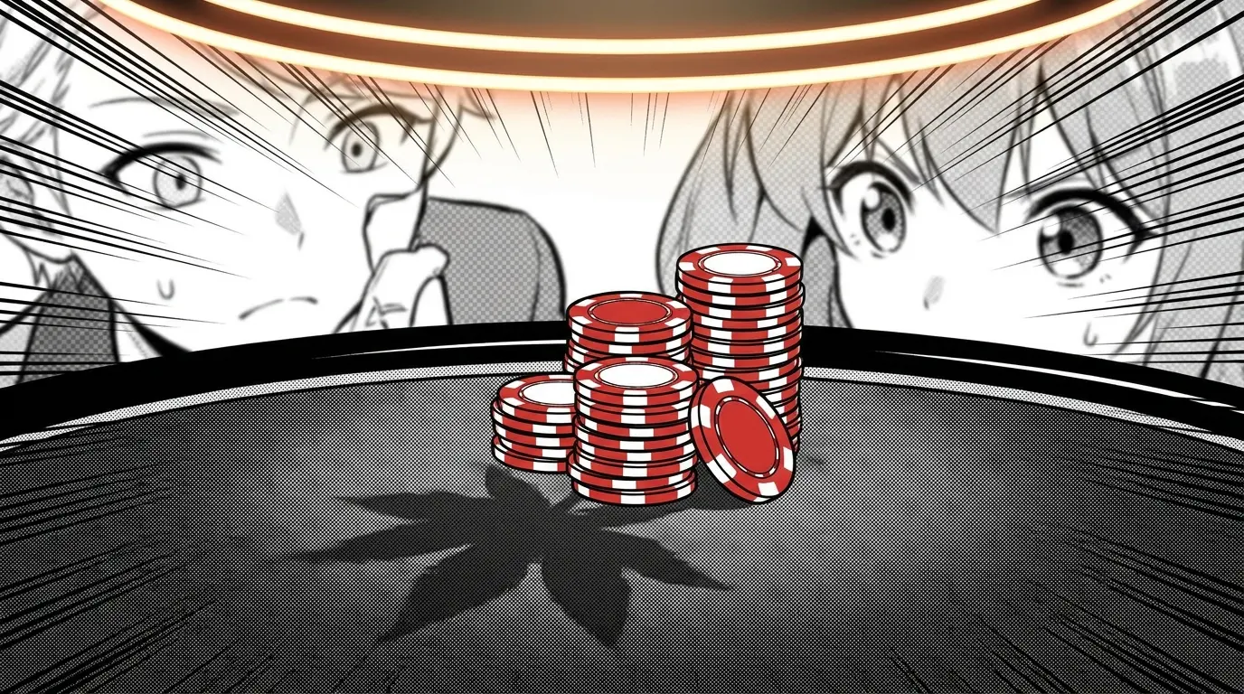 Casino chips on felt table with Canadian maple leaf shadow