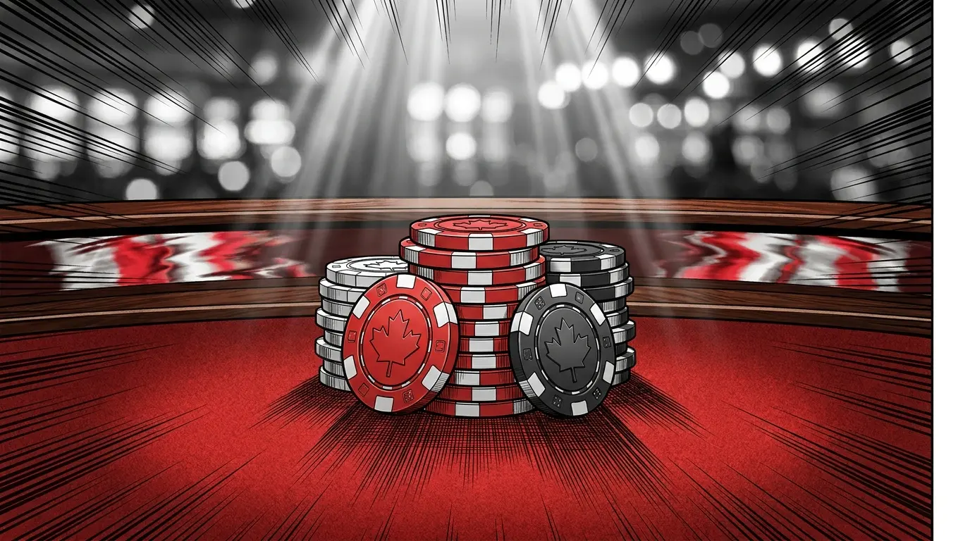Casino chips with maple leaf design on red felt table