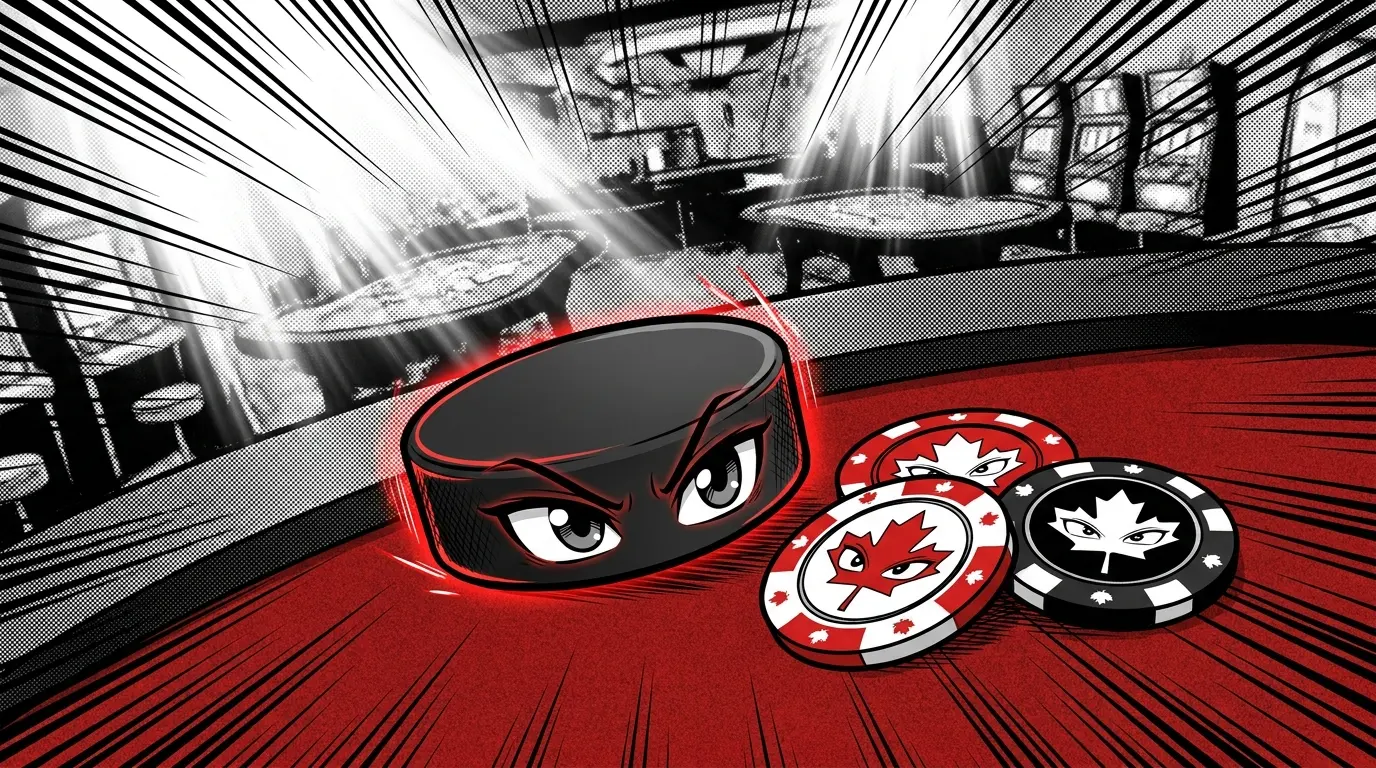 Casino chips with maple leaf design on red gaming table