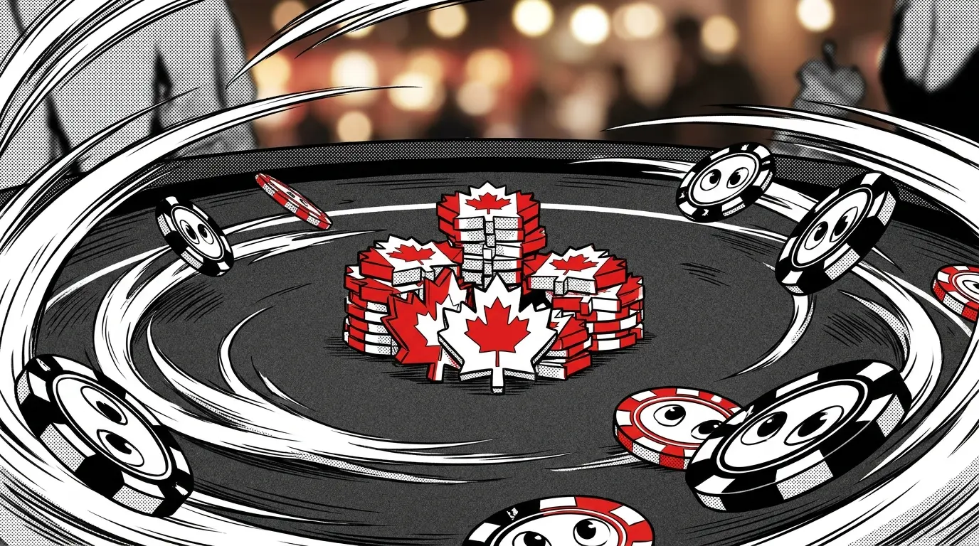Maple leaf poker chips on casino table with Canadian colors