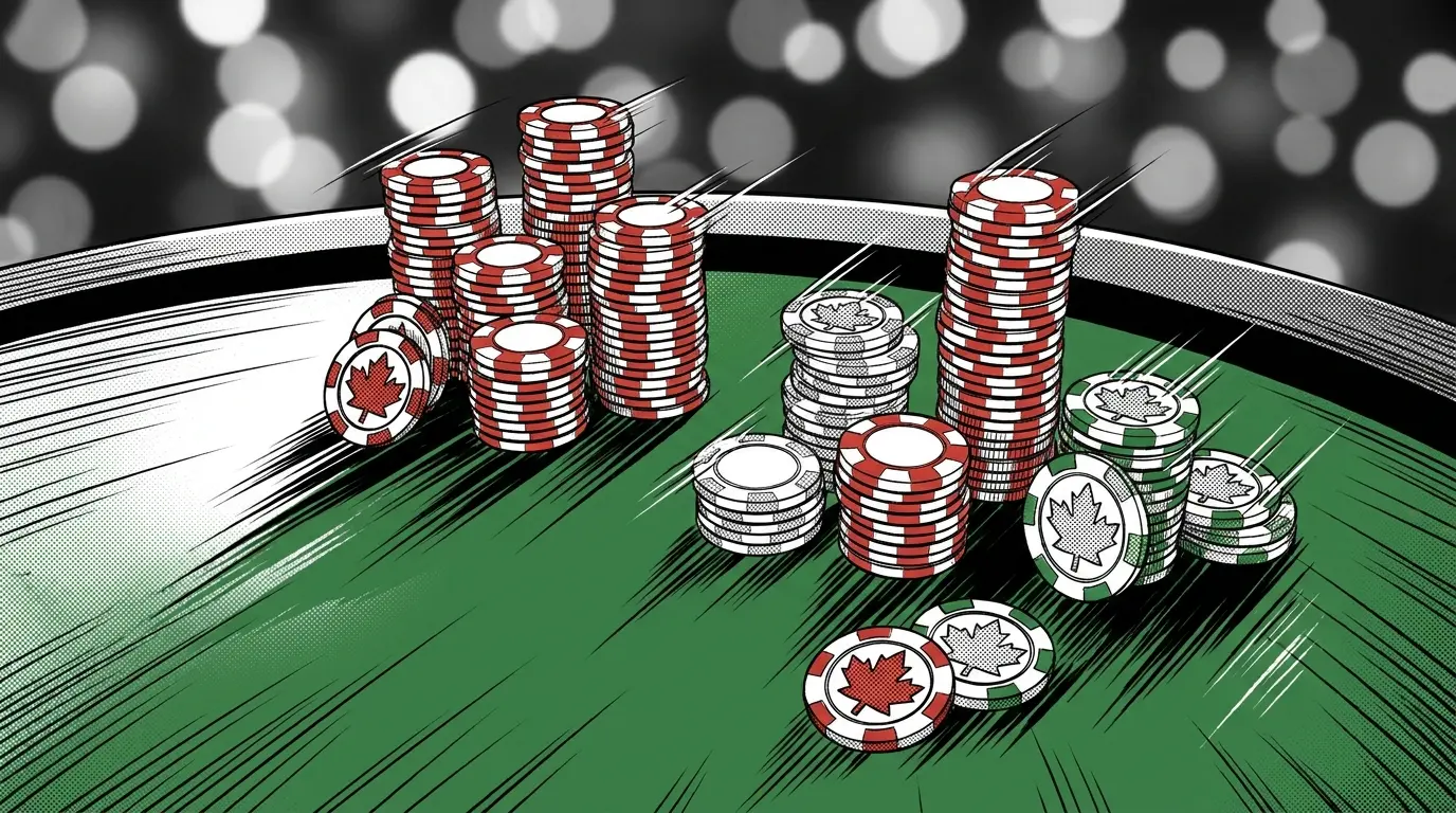 Casino chips and maple leaf tokens on green felt table