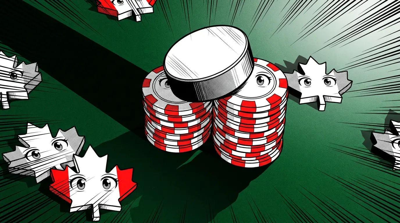 Casino chips with Canadian theme on green felt gaming table