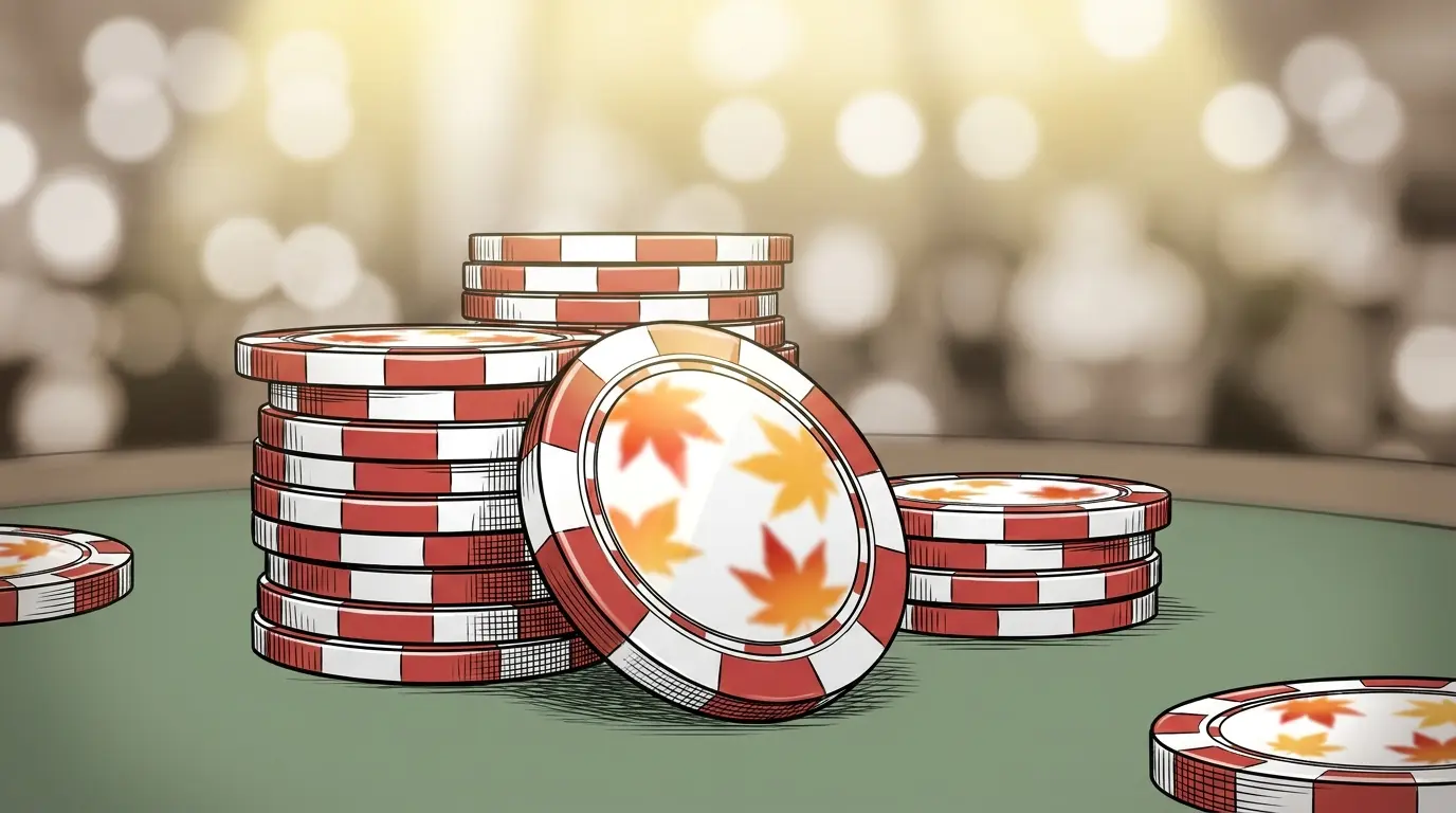 Casino chips on green felt with Canadian autumn color accents