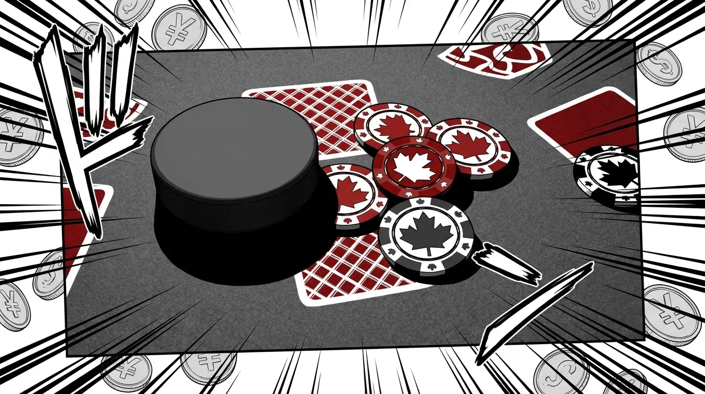 Casino chips and hockey puck on Canadian-themed felt surface