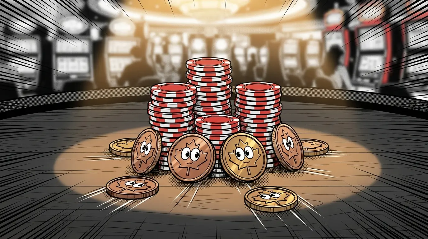 Casino chips and maple leaf coins on wood table with warm lighting