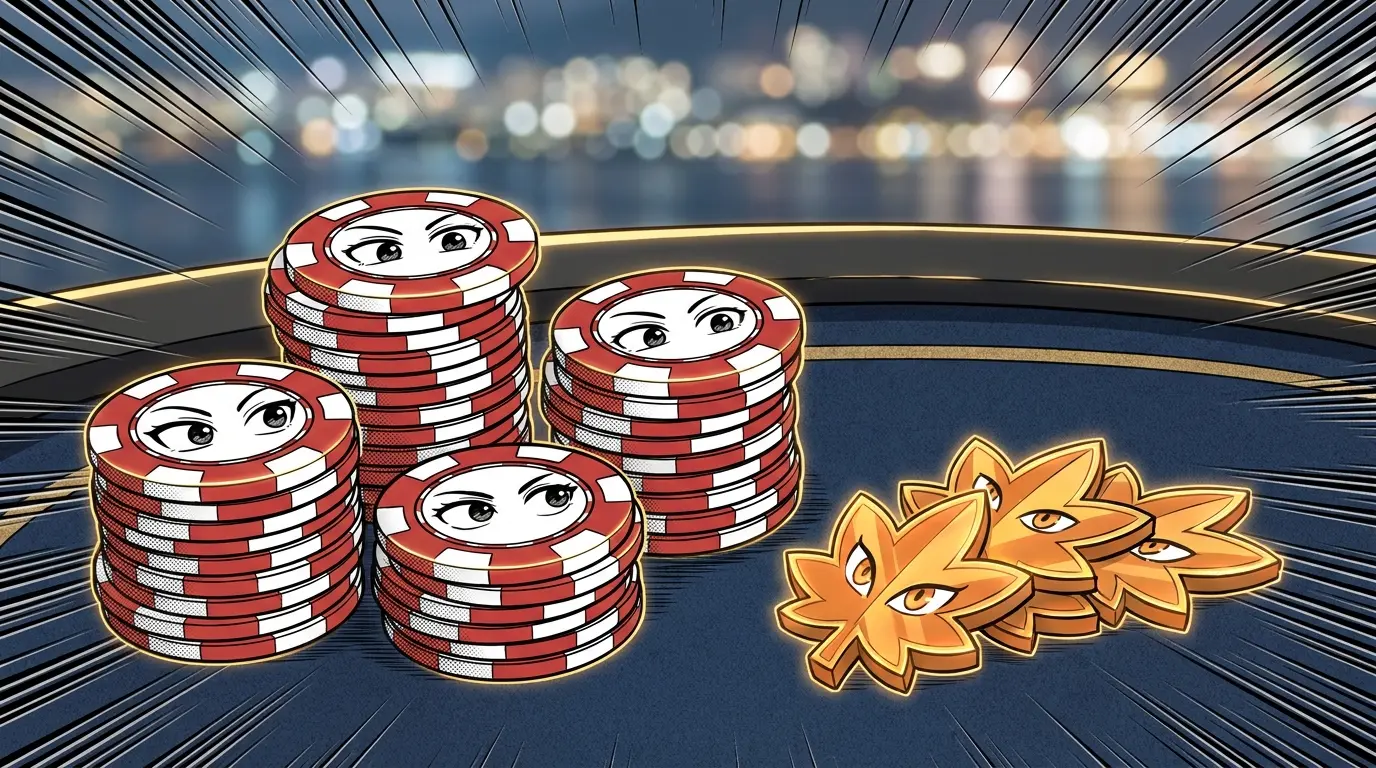 Casino chips with maple leaf tokens on felt table