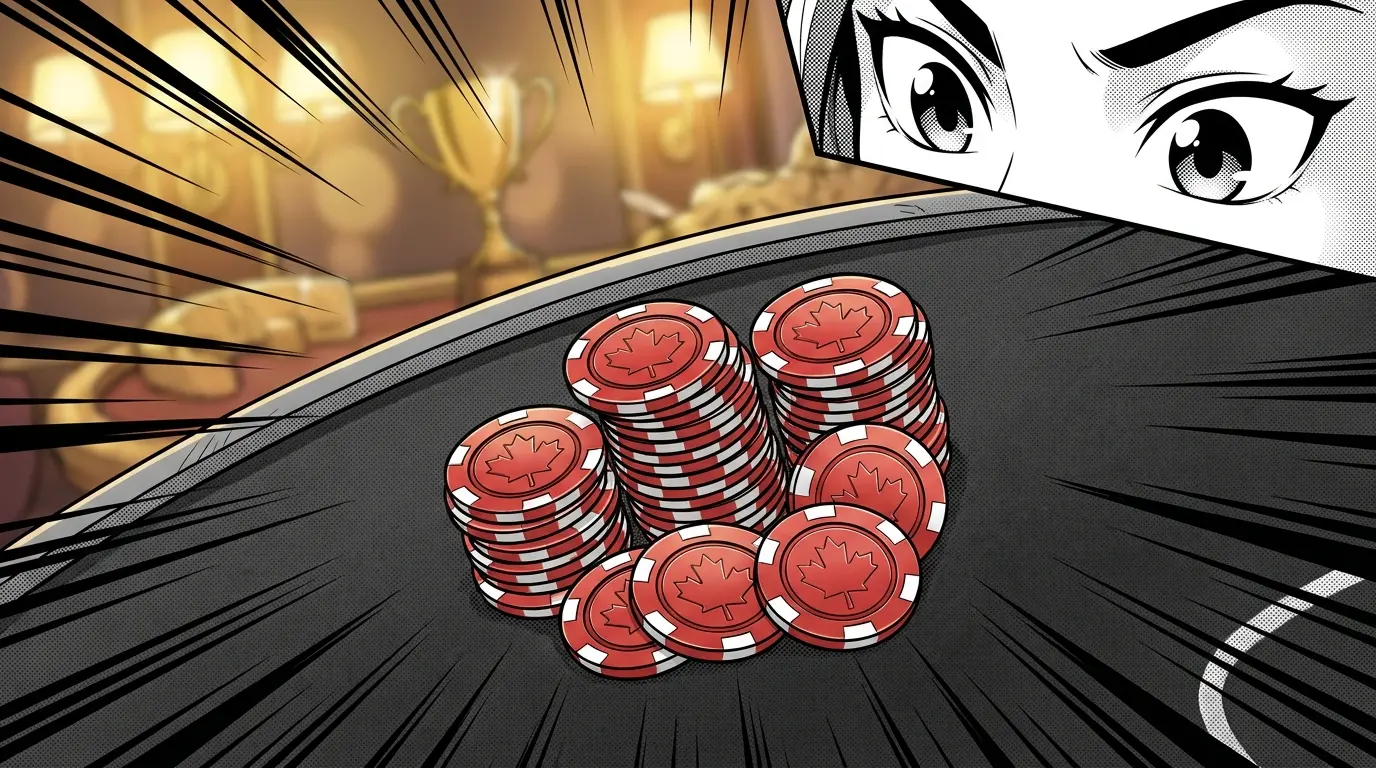 Casino chips with maple leaf design on elegant gaming table