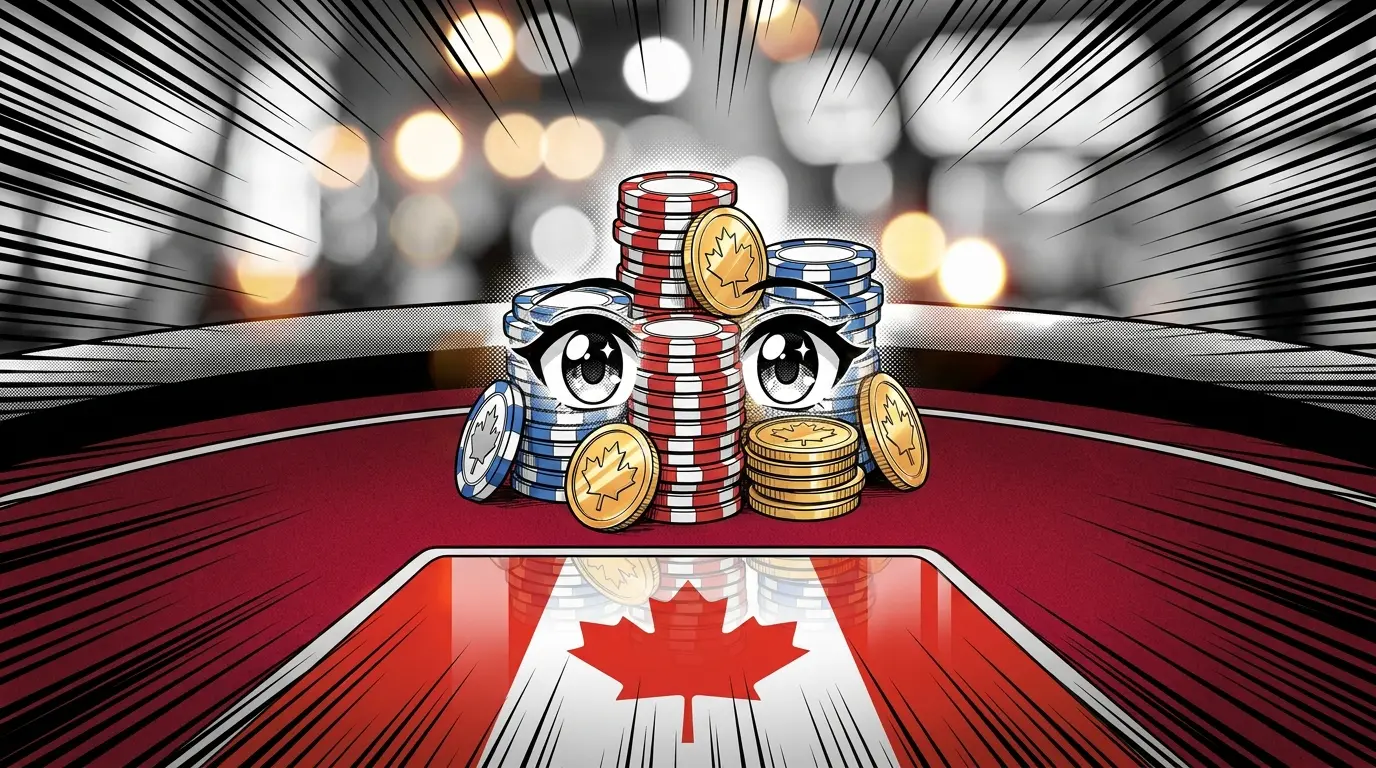 Casino chips and maple leaf coins on red felt in Canadian colors