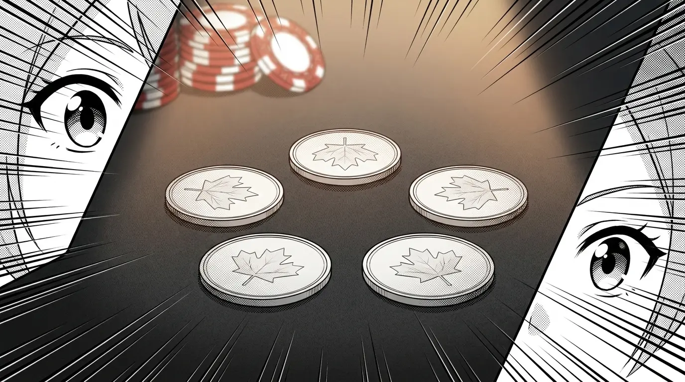 Canadian coins and poker chips on casino felt table