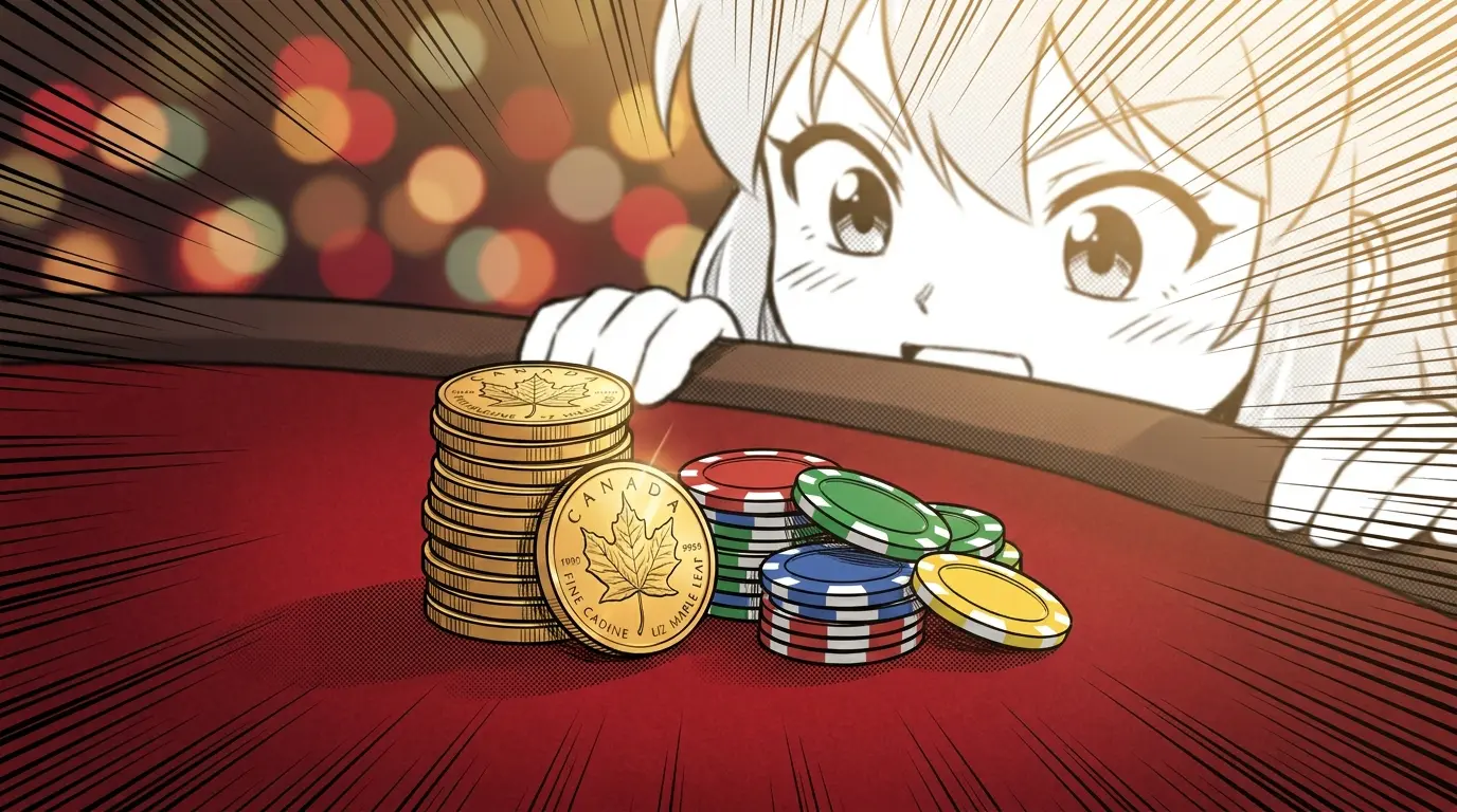 Canadian coins and casino chips on red felt with warm lighting