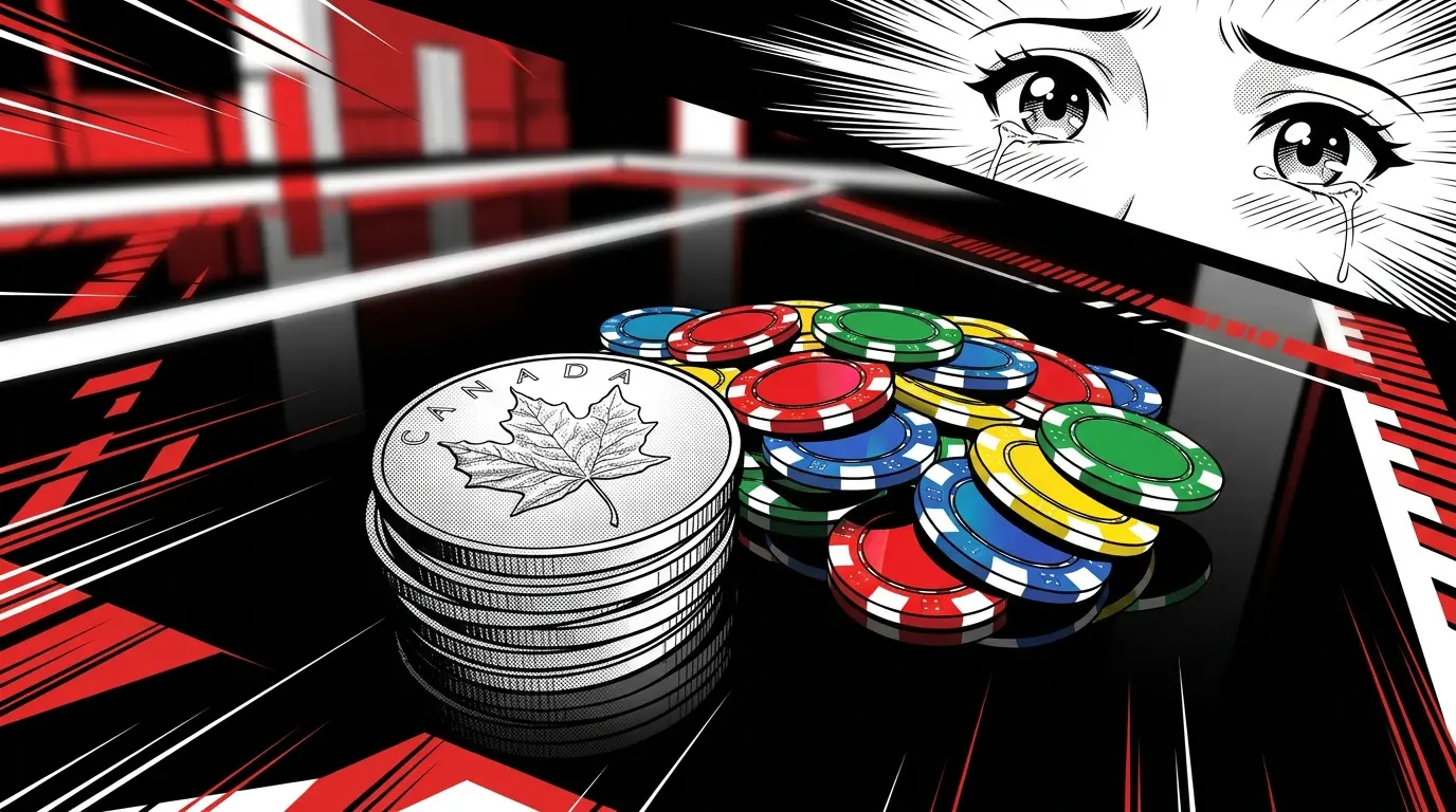Canadian coins and casino chips with red and white lighting