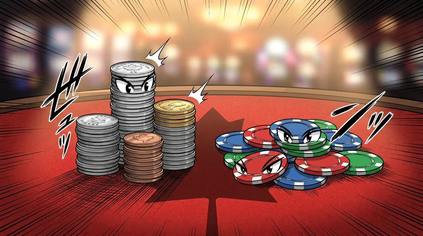 Canadian coins stacked next to casino chips on gaming table