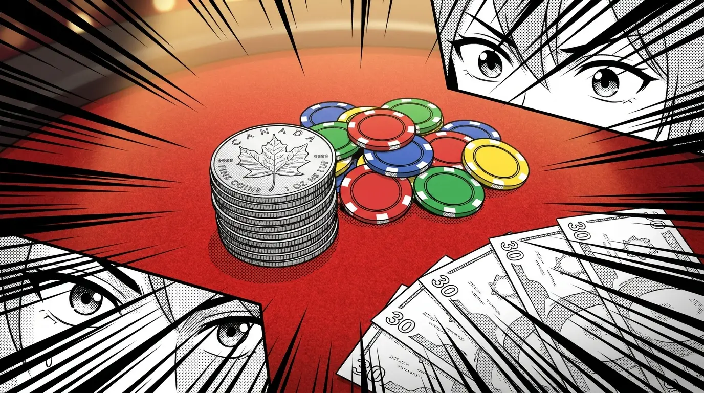 Canadian coins and casino chips on betting table