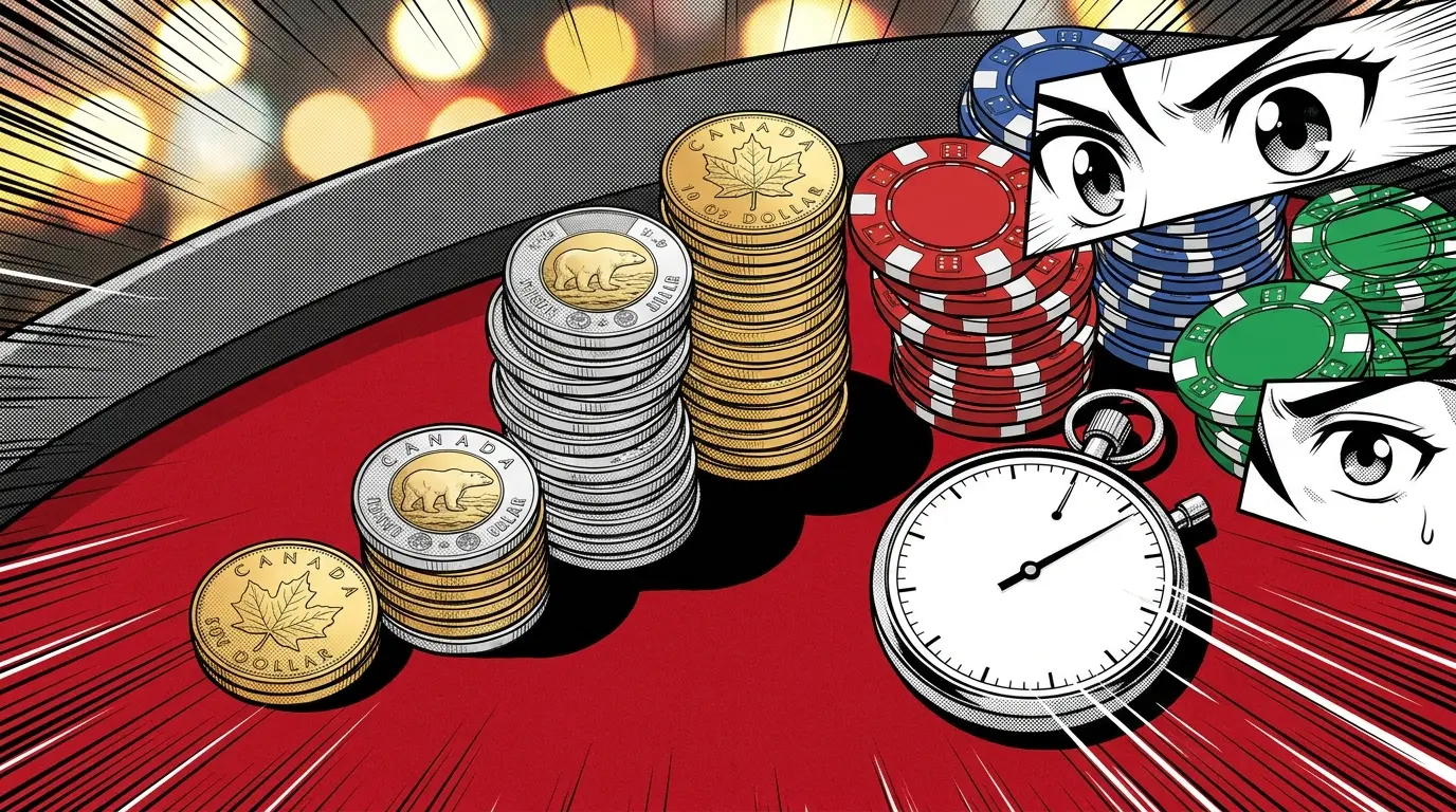 Canadian coins stacked with casino chips showing speed concept