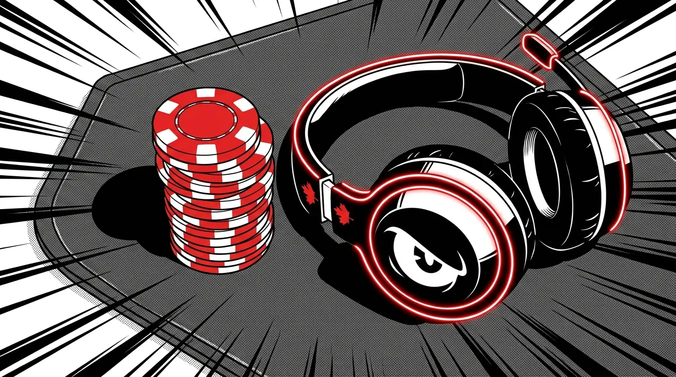 Red and white poker chips with gaming headset on felt table