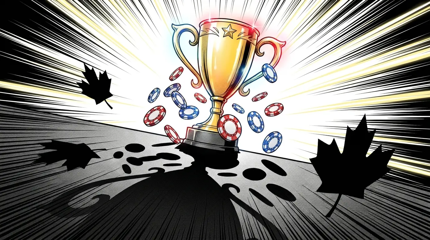 Trophy with poker chips and maple leaf shadows representing Canadian esports