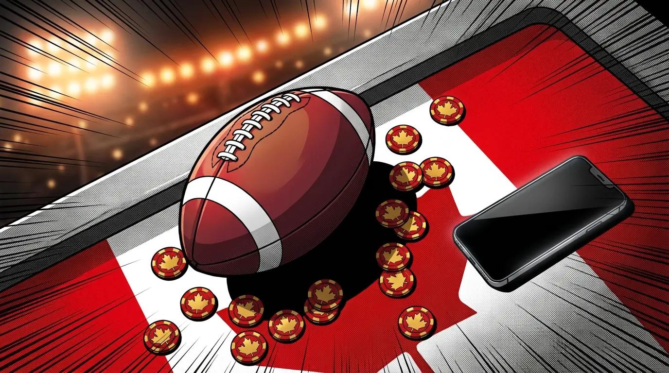Canadian football with betting chips and smartphone on felt surface
