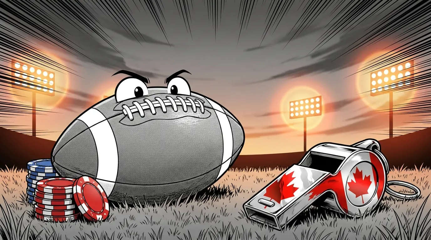 Canadian football with betting chips on grass field at sunset