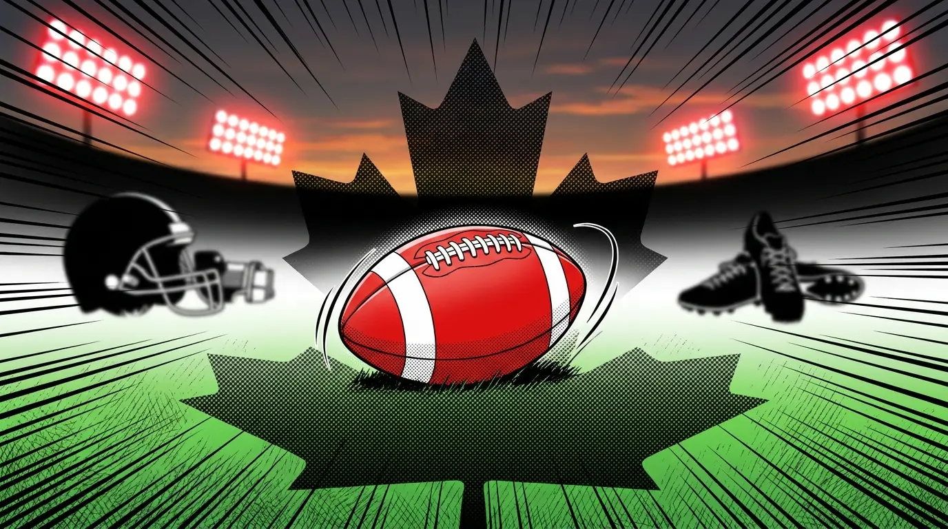 Canadian football with maple leaf shadow on stadium field at dusk