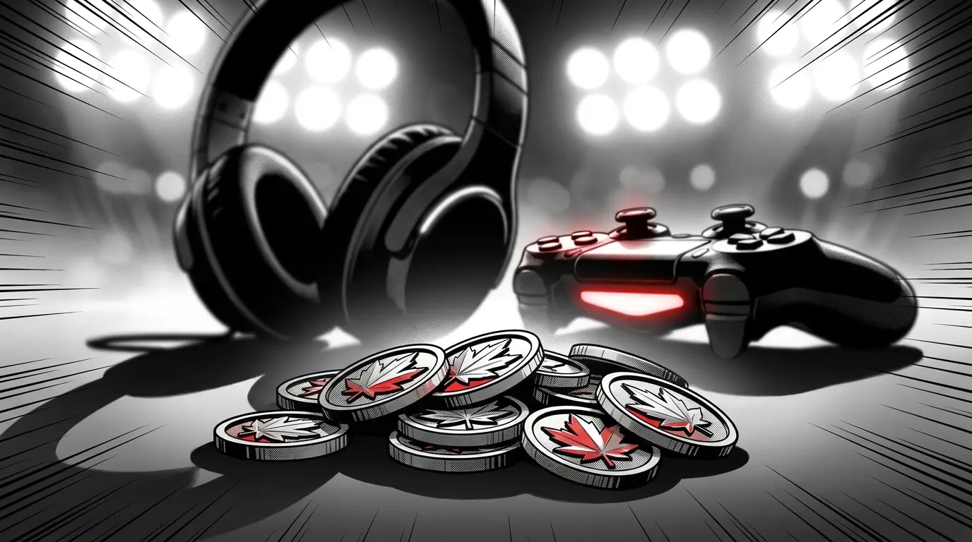 Maple leaf coins with gaming equipment and stadium atmosphere
