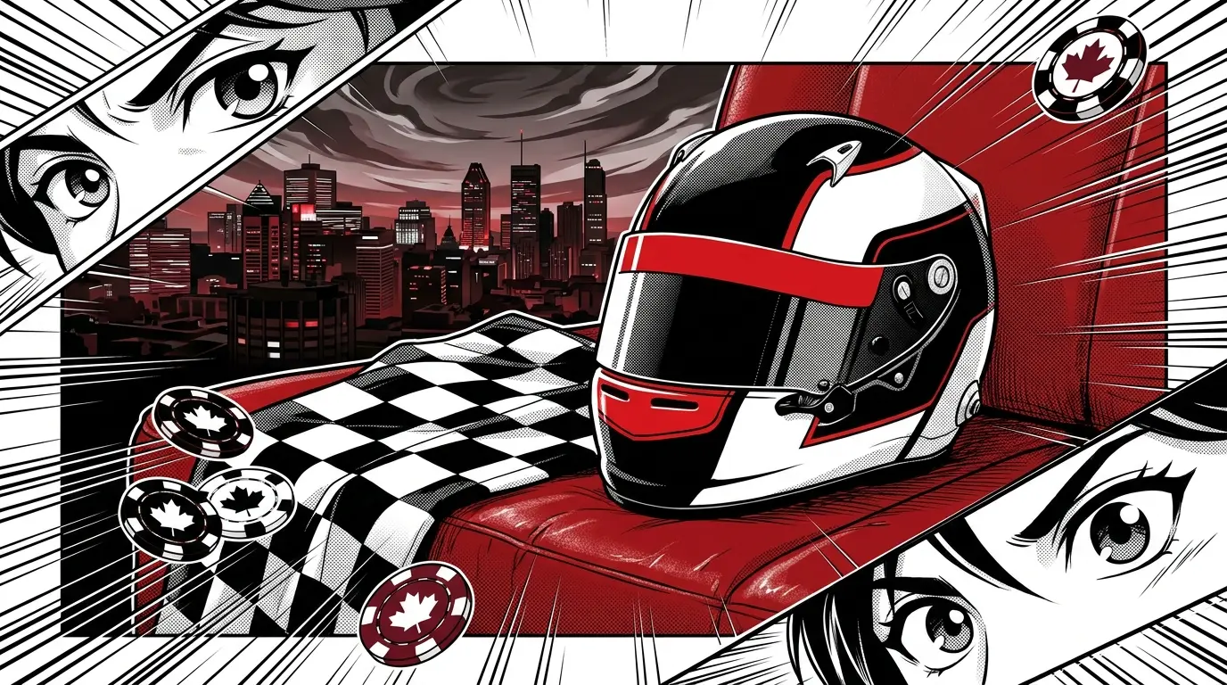 Racing helmet with Canadian-themed casino chips and Montreal skyline