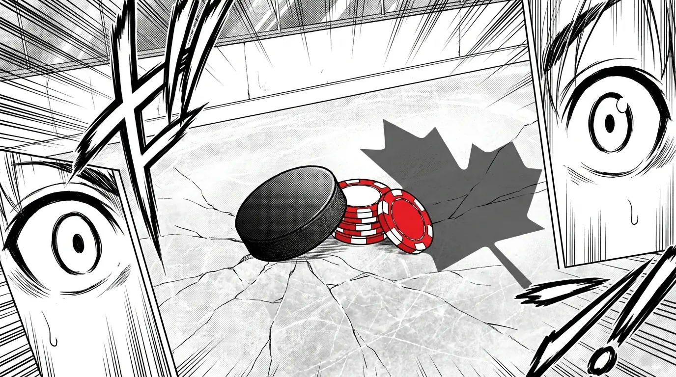 Hockey puck and casino chips on ice with maple leaf shadow