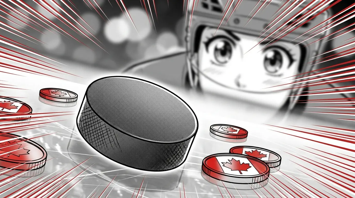 Hockey puck with Canadian coins on ice representing no deposit betting