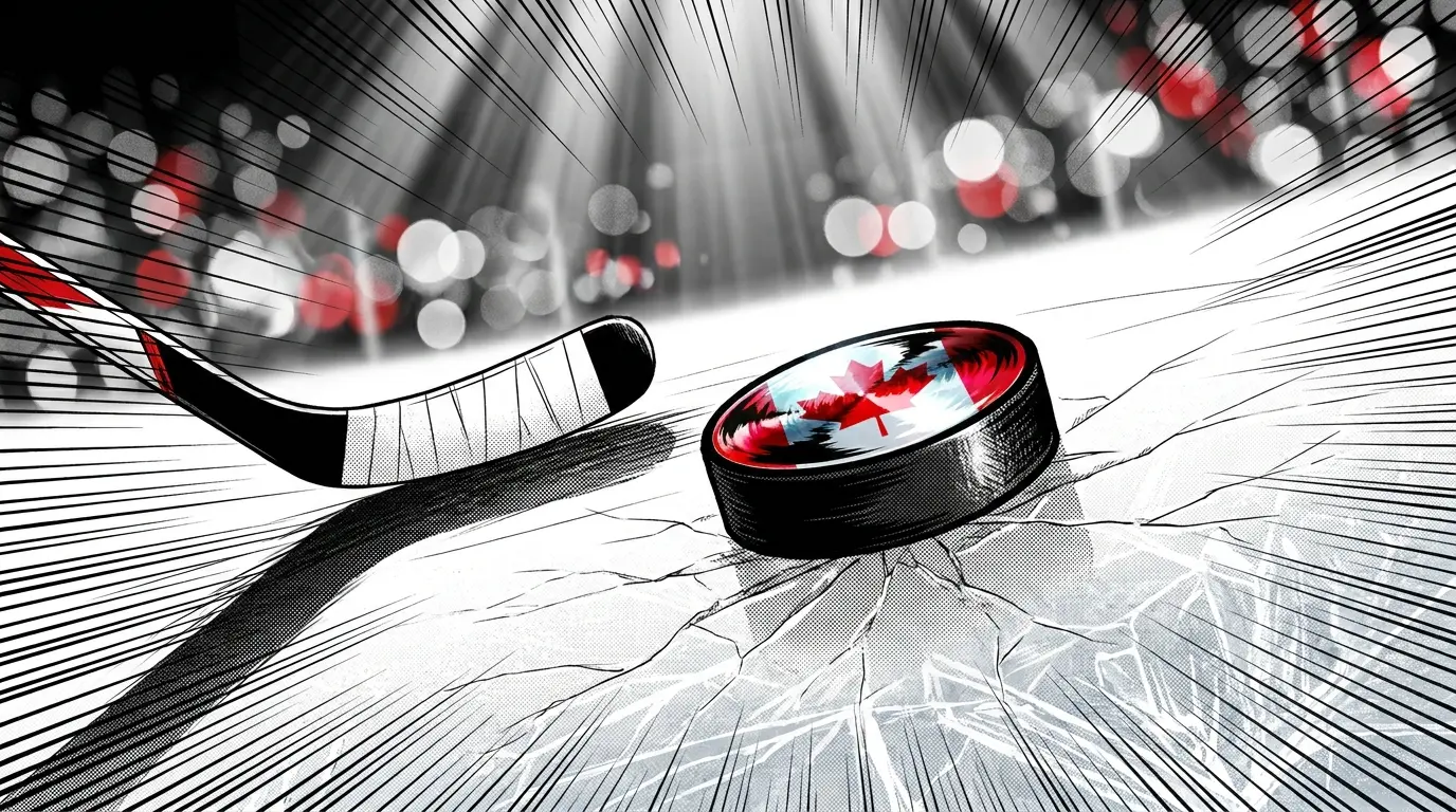 Hockey puck on ice with Canadian maple leaf colors and stick