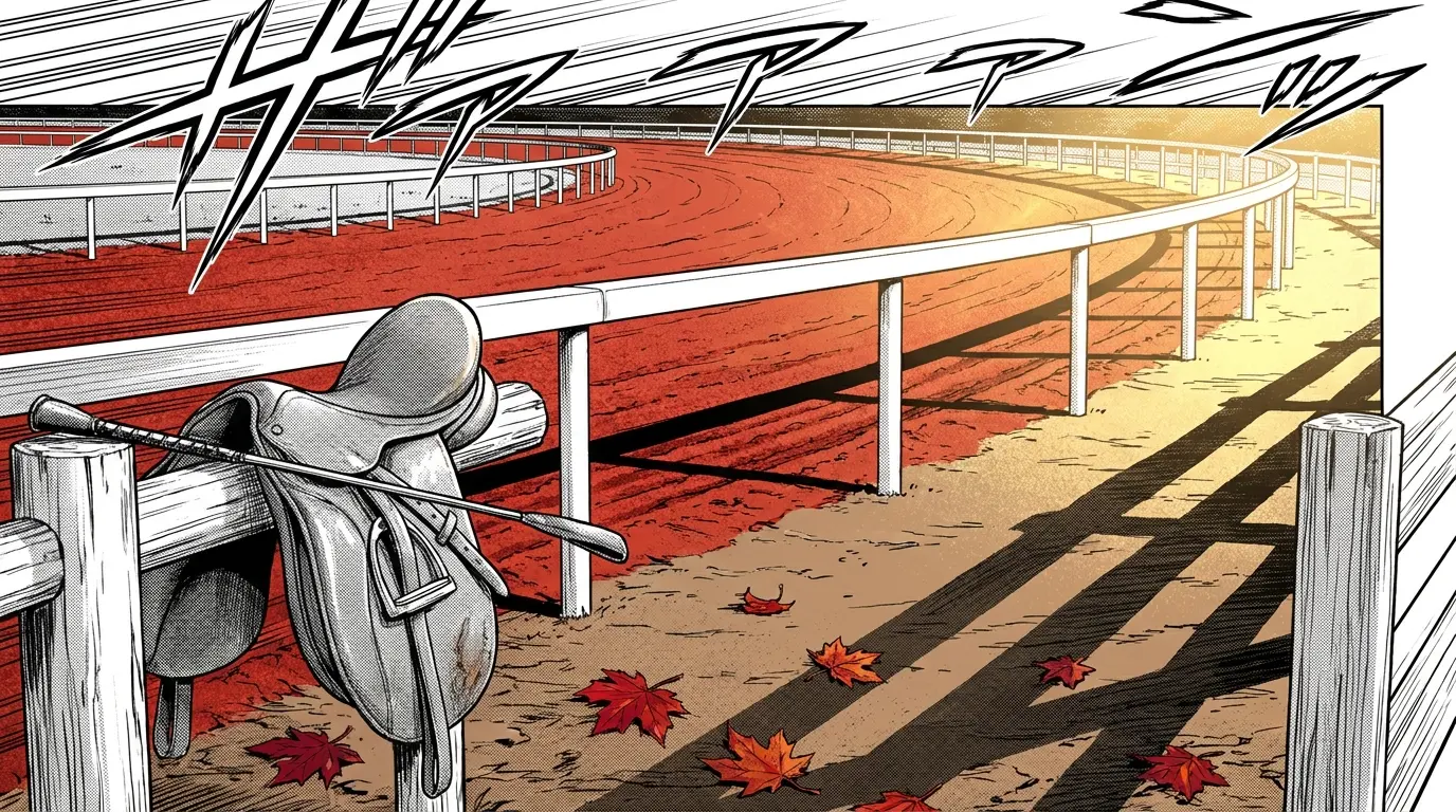 Horse racing track with saddle, crop, and maple leaves in sunlight