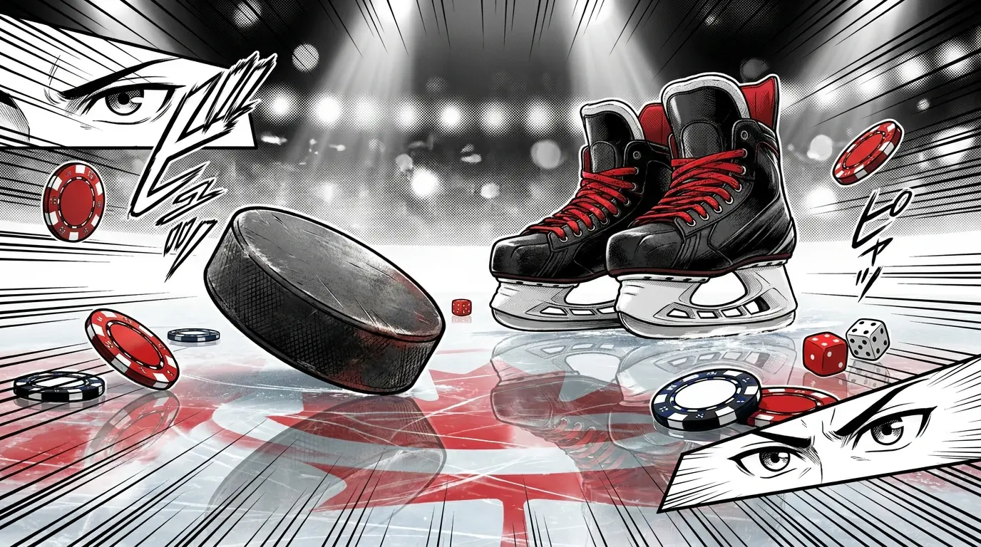 Hockey equipment with poker chips on ice in Canadian colors