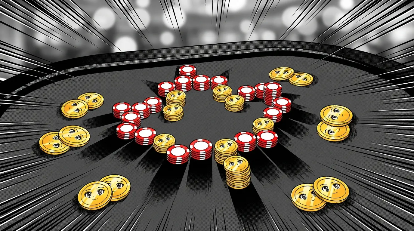 Maple leaf made of poker chips and coins on casino felt table