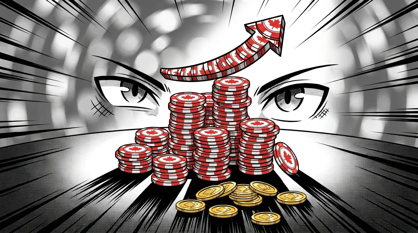 Casino chips and coins arranged with upward arrow showing odds boost
