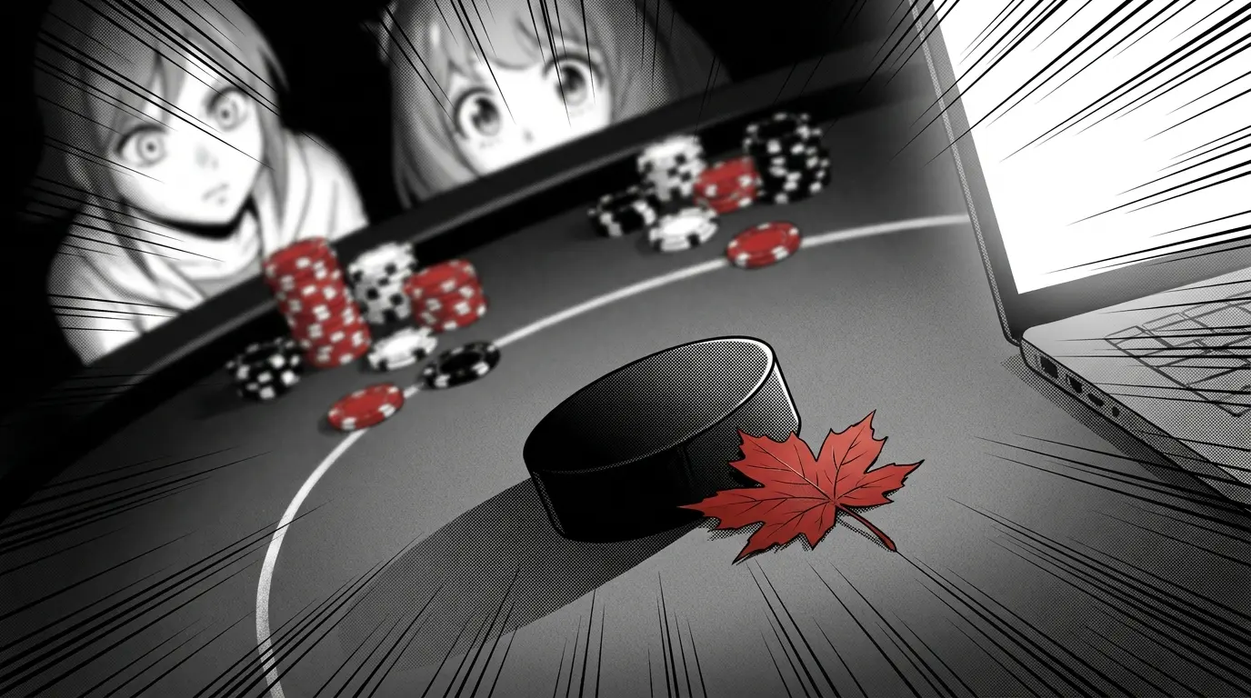 Hockey puck and maple leaf on casino table with poker chips
