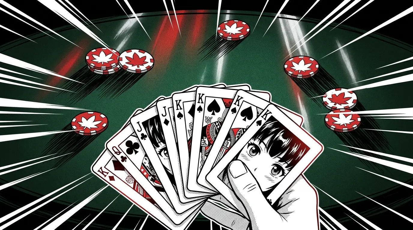 Playing cards and maple leaf poker chips on casino table