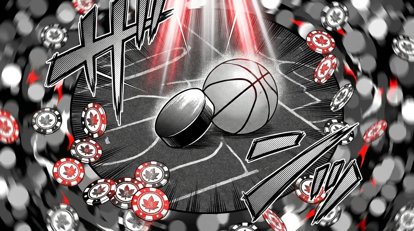 Sports equipment with maple leaf casino chips on betting felt