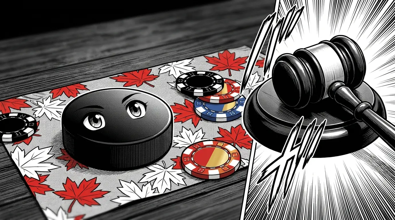 Hockey puck, casino chips, and gavel on Canadian flag colors