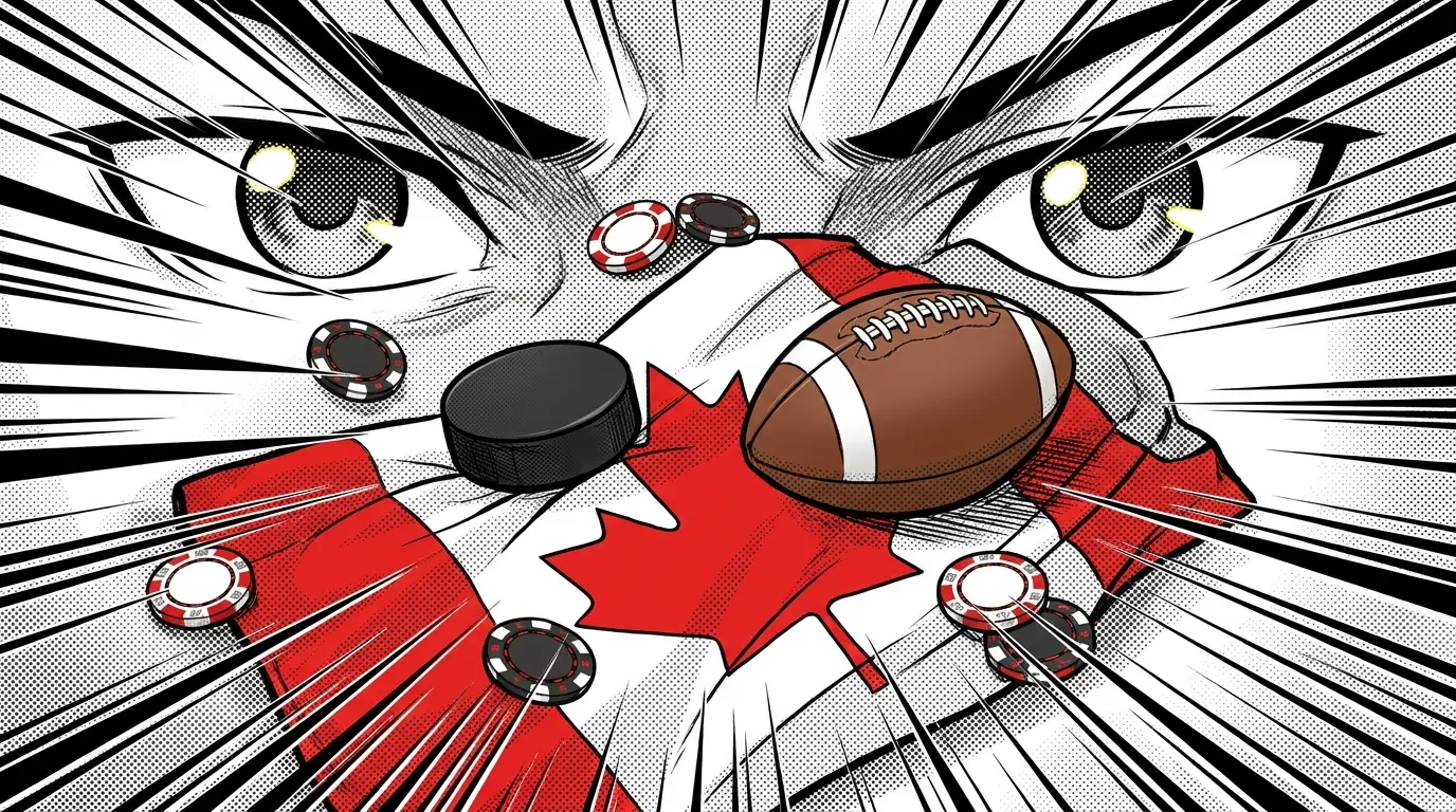 Sports equipment and casino chips on Canadian maple leaf fabric