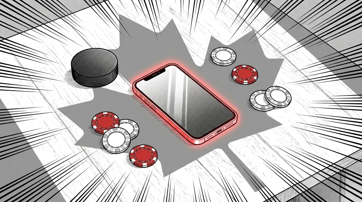 Smartphone with hockey puck and casino chips in Canadian colors