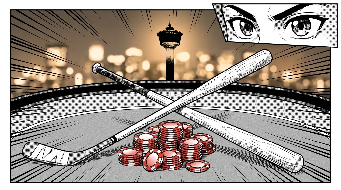 Casino chips with Canadian sports gear and Calgary skyline