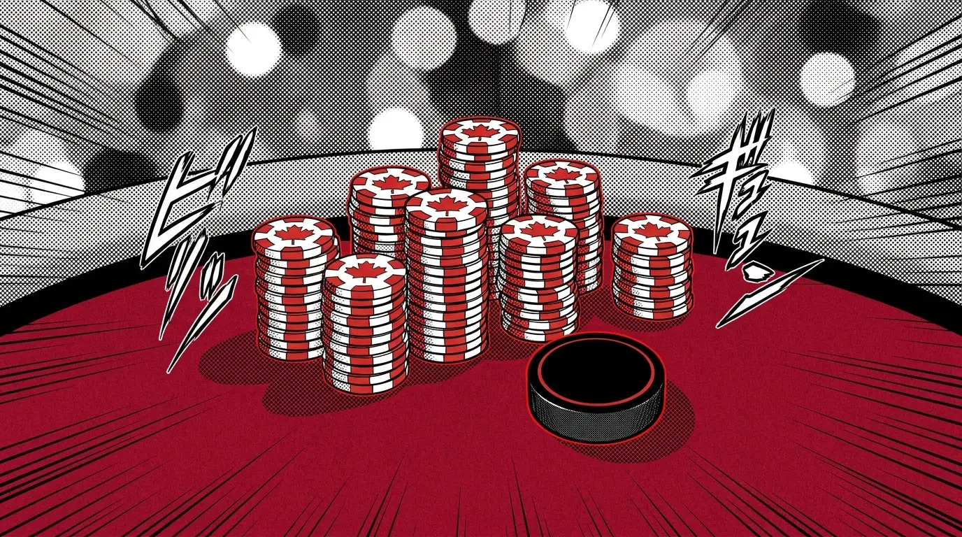 Canadian themed casino chips and hockey puck on red felt table