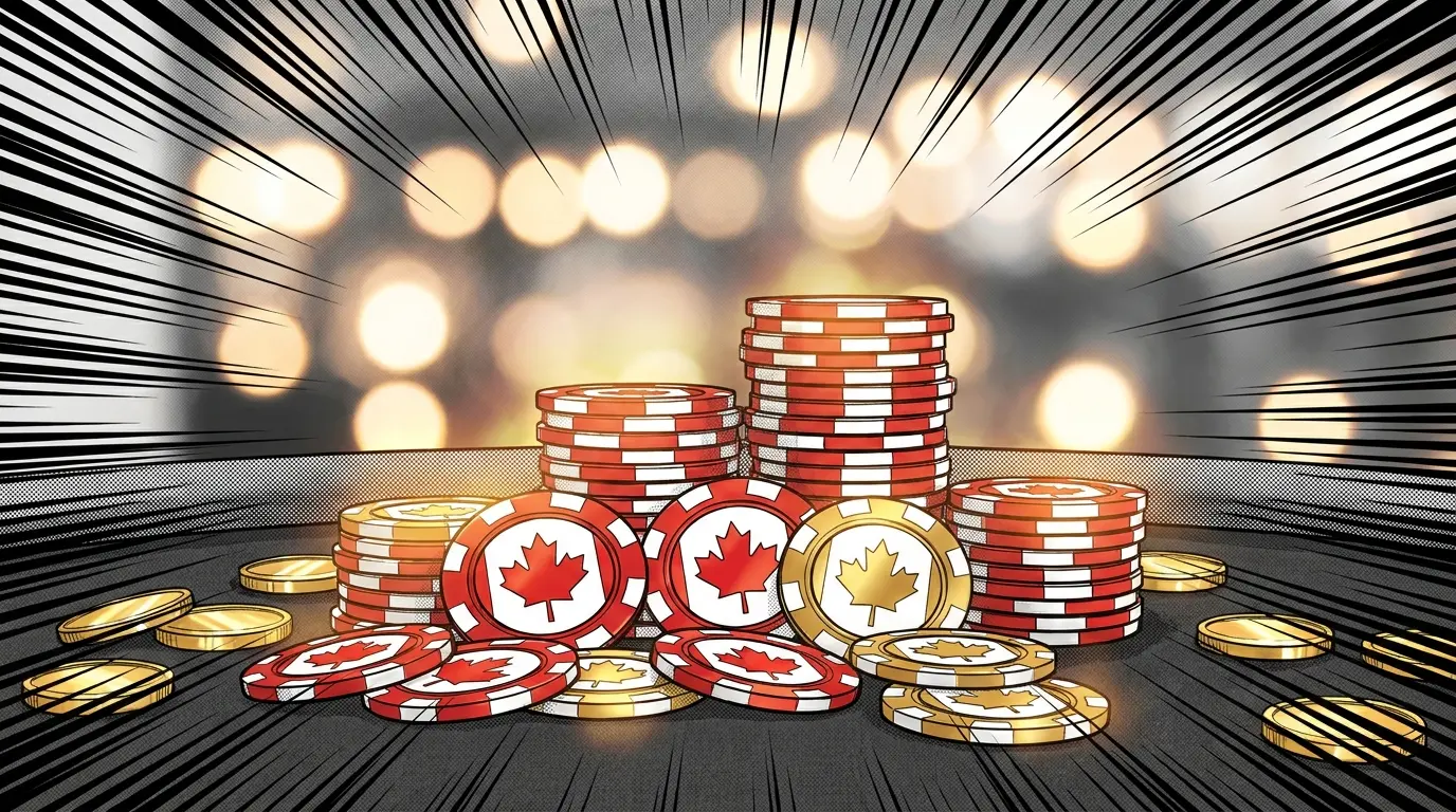 Casino chips and coins with Canadian maple leaf design, welcoming glow